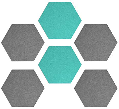 Navaris Filz Memoboards Set sechseckig - 6x Filz Pinnwand 15x17,7x1,5cm mit Stecknadeln und Klebeband - Filzboard für Küche und Büro - Grau Türkis