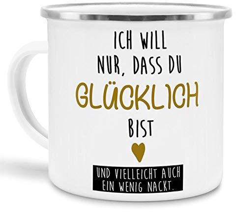 Tassendruck Liebes-Emaille mit Spruch Ich Will nur, DASS du glücklich bist - Schatz/Pärchen/Love/Glück/Emaille groß Silber