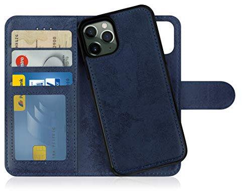 MyGadget Flip Case für iPhone 11 Pro - [ abnehmbare Magnet Hülle ] - Handyhülle aus Kunstleder - [ Klapphülle mit Kartenfach ] Schutzhülle in Dunkelblau
