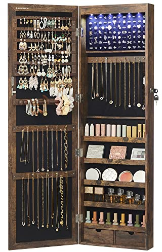 SONGMICS 6 LEDs Mirror Jewelry Cabinet, 47.2-Inch Tall Lockable Wall or Door Mounted Jewelry Armoire Organizer with Mirror, 2 Drawers, 3.9 x 14.6 x 47.2 Inches, Rustic Brown UJJC93CB