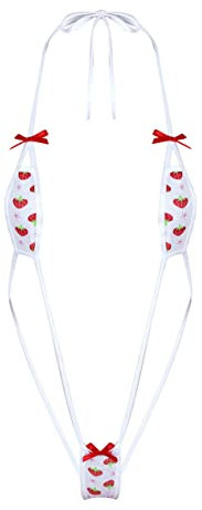 inlzdz Femme Bikini Micro Soutien-Gorge String Motif Fraise Maillot de Bain Sexy Body String Micro Bikini Thong Lingerie Ouverte Mini Sling-Shot Tankini Monokini Fraise B Taille Unique