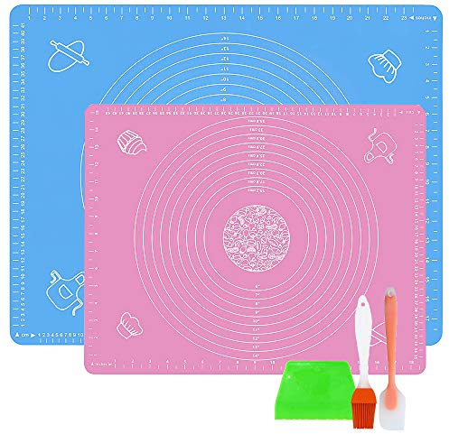 LandJoy Backmatten Silikon,2 Pcs Groß Antihafte Rutschfeste Backunterlage,Arbeitsmatte mit Messung,Teigmatte für Fondant Gebäck Matte mit Teigschaber,Teigkarte und Backpinsel(Blau 70*50,Rosa 50*40)