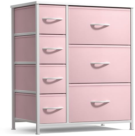 Sorbus Dresser with 7 Drawers - Furniture Storage Chest for Kid’s, Teens, Bedroom, Nursery, Playroom, Clothes, Toys - Steel Frame, Wood Top, Tie-dye Fabric Bins (7-Drawer, Pastel Pink)