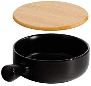 Sywlwxkq Soup Bowl Bowls with Handle Ceramic Anti-Scald with Lid Wooden Plain Solid Color Microwave Oven-Black-650ML