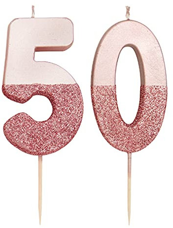 Talking Tables 50th Rose Gold Birthday Number Cake Candle Topper Dipped in Glitter