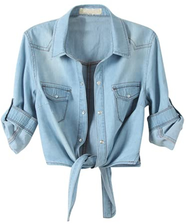 SeekMe Womens Denim Shirts Tie Front Crop Top Button Down Chambray Jean Shirts