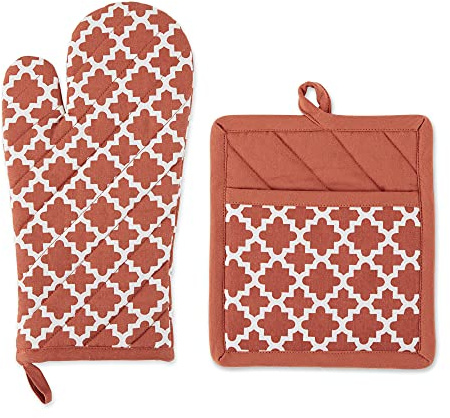 DII Lattice Basics Collection Kitchen Essentials, Oven Mitt & Potholder Set, Vintage Red, 2, Piece