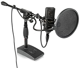 Gator Frameworks GFW-MIC0821-POP - Soporte de brazo para micrófono con base de peso corto con filtro pop de una sola capa de abrazadera (GFW-MIC0821-POP), color negro