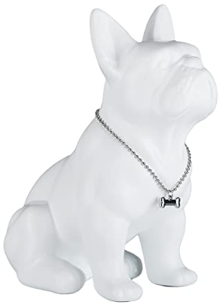 SHENGTIAN Französische Bulldogge Deko Statue – Harz Hundeskulptur mit Silber Halskette – Deko Figur für Wohnzimmer, Büro, Flur und Schlafzimmer(Weiß,23cm)