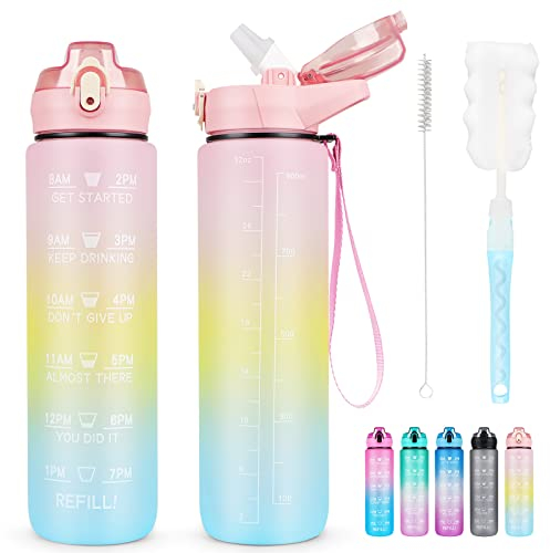 AOHAN Bouteille d'eau avec paille de 1 L, bouteille de sport avec marquage de temps, anti-fuite, PCT-G sans BPA, bouteille d'eau motivante avec brosse de nettoyage pour salle de sport