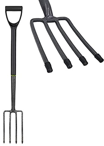 zeeyrak Heavy Duty Garden Fork, Carbon Steel Extra Sharp Digging Fork 4 Tines, Lightweight Garden Fork Ergonomic Design Grey Border Fork