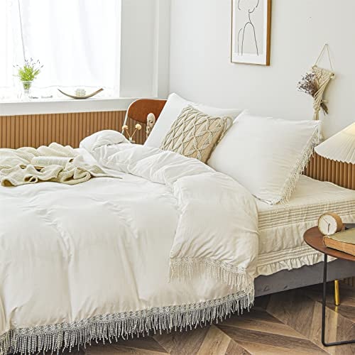 Herside Super Weiche Bettbezug Set 200x200 cm & Kissenbezug 80x80 cm,Französisches Dorf Bettwäsche aus Leichte Mikrofaser, 3teilig, Quaste Dekoration, Weiß