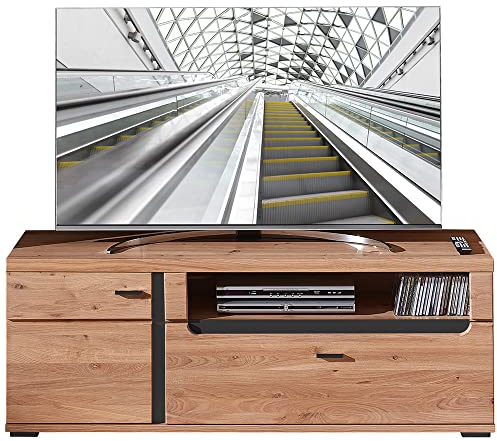 Lomadox TV Lowboard mit Esche Massivholzfront mit Absetzungen in schwarz matt, B/H/T ca. 150/55/42 cm