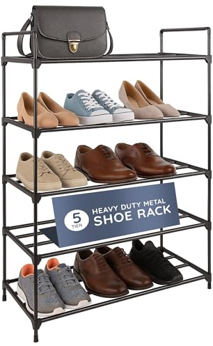 CUQOO Shoe Rack 5 Tier - Shoe Stand Shelf Storage Organiser Hallway Rooms | ANTI-RUST METAL FRAME: quick assembly · floor mount · entryway · closets · boot rack · under stairs.