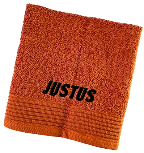 Schnoschi Handtuch mit Namen oder Wunschtext Bestickt, personalisiertes Duschtuch, individuelles Badetuch, Saunatuch oder Gästehandtuch mit Initialen, 100% Baumwolle, 30 x 50 cm orangerot