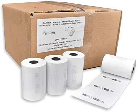50 Rollen Thermopapier, 57 x 40 x 12 cm, Spule für Bankkarten, 55 g, TPE-Rolle mit Logo, Recycling-Triman-Logo, BPA-frei, entspricht der Gesetzgebung AGEC