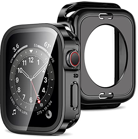 Amizee 2 en 1 Funda [2-Pièces] Compatible avec Apple Watch Series 9/8/7 41mm con Protector de Pantalla Cristal Templado, PC Duro Anti-Rasguños Protección Carcasa para iWatch 41mm - Negro