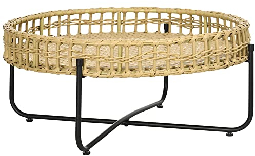 Outsunny Table d'appoint Ronde avec Plateau en rotin et Base en métal Noir - 68 x 68 x 30 cm