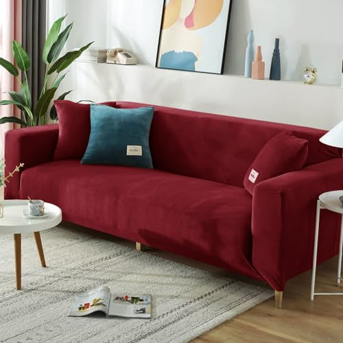 Hearda Sofabezug Stretch 1 2 3 4 Sitzer, Deluxe Plüsch Elastische Antirutsch Couchbezug Waschbar Universal Weich Sofaüberwurf für Sofaüberwurf Möbelschutz (3-Seater,Burgunderrot)