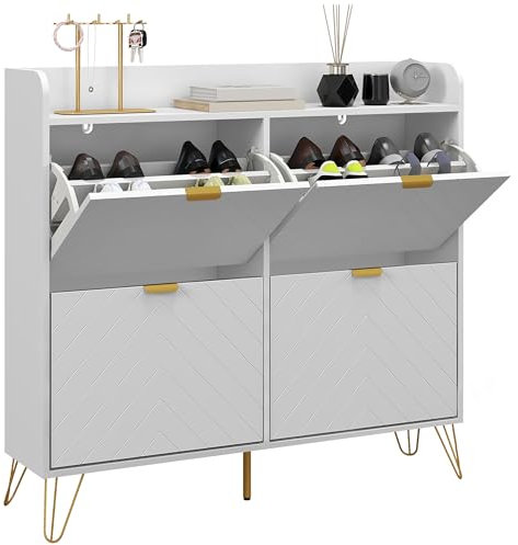 HOMCOM Narrow Shoe Cabinet with 4 Flip Drawers, Slim Shoe Storage Cabinet with Adjustable Shelves, Hairpin Legs and 4 Vents for 16 Pairs of Shoes for Entryway, White