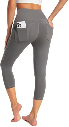 GEMZIX Damen Kühlende Capri Leggings 3/4 Sommer Butterweiche High Waist Stretch Sport Leggings Leicht Blickdicht Wanderhose Yogahose mit Taschen Jeggings für Gym Radfahren Fitness, Grau, XXL