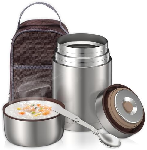 Contenitore Termico per Alimenti Caldi 800ML, Thermos Alimenti Caldi in Acciaio Inox con Sacchetto Isolante e Cucchiaio Pieghevole,Portavivande Termico per Pranzo,All'aperto, Grigio