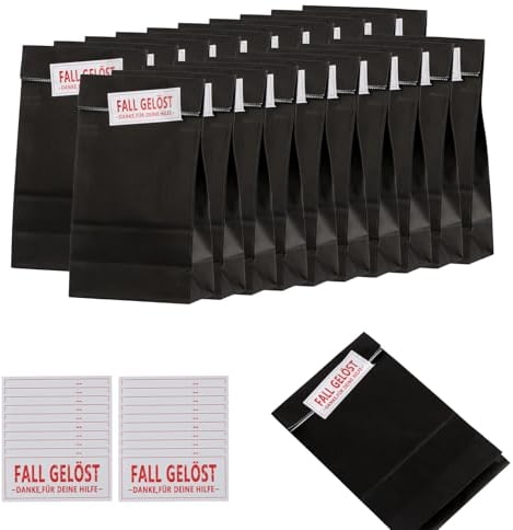 20 STK Papiertüten Schwarz mit Aufkleber Detektiv, Mitgebsel Tüten, Geschenktüten Kindergeburtstag, Fall Gelöst Detektivparty für Kinder Jungen Mädchen