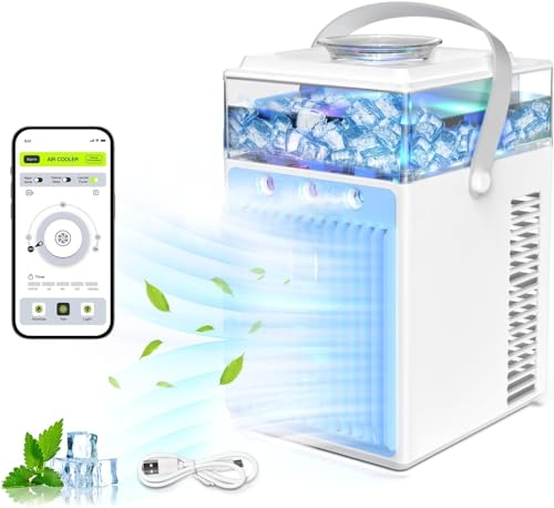 Aire Acondicionado Portátil, 4 en 1 Mini Enfriador de Aire Portátil Ventilador de Enfriamiento de Aire Personal Pequeño USB con 7 Colores LED, 3 Modo niebla y 3 Velocidades para Coche, Oficina, Hogar