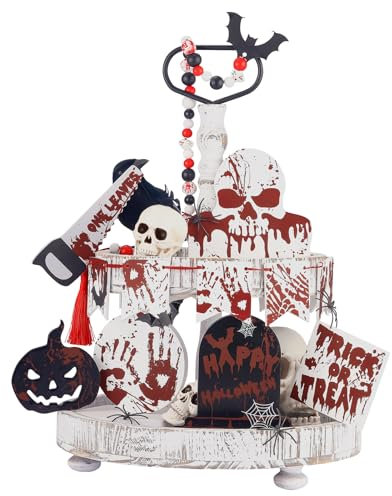 Halloween Decorations-17pcs Halloween Tiered Tray Decor Set Skull Horror Bloody Splatter Handprint Footprint Chainsaw Wooden Signs Scary Tombstone Bats Indoor Tray Decor for Table Home