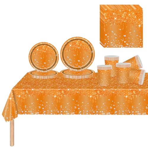 81 Pcs Orange Party Tableware Set,Orange Paper Plates Cups Napkins Orange Tablecloth,Sparkling Orange Thanksgiving Paper Dinnerware Kit for Kids Adult Birthday Autumnal Party Orange Paper Tableware