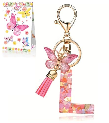 T TAKONE Schlüsselanhänger Buchstabe - Schmetterling Glitzer Rosa für Frauen/Kinder - L