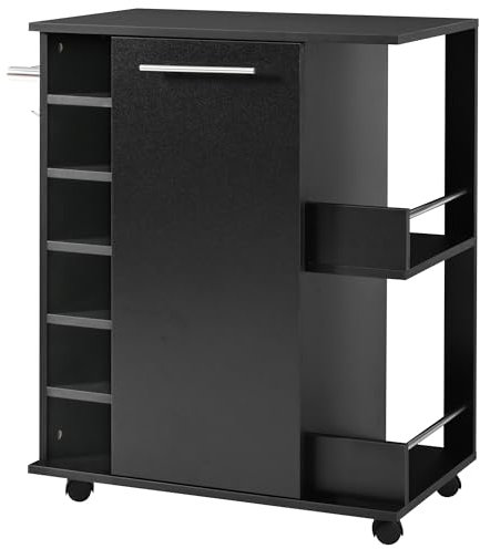 AZMUDE Carrello da cucina con piano di lavoro, due ripiani esterni, quattro ruote, 6 scaffalature per vino interno a una porta con ripiani interni regolabili 74 x 37,5 x 81,5 cm (nero)