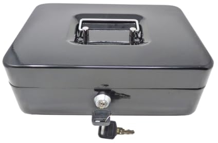 Geldkassette Schwarz aus robustem Metall – mit Münzeinsatz, stabilem Tragegriff & Zylinderschloss | Kompakte 250x180x90 mm – sichere Bargeldaufbewahrung für Büro, Kasse, Markt & Zuhause