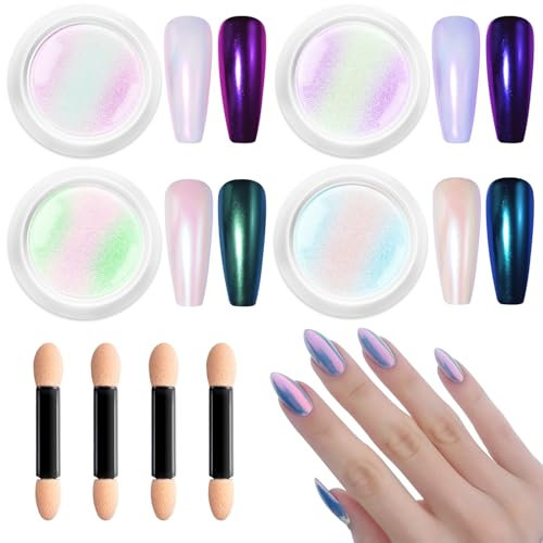 Glassy Pearl Chrome Nail Powder: BISHENGYF Hochglänzendes Aurora-Cromepulver Nägel, Glasiert Donut-klares Eisweiß Chromfarbener Nagelpuder, Nagelpigmentpulver, Nagelglitzer mit Spiegeleffekt – 4 Stück