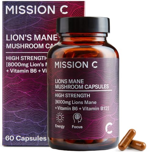 Mission C Lion's Mane Mushroom 8000mg with Vitamins B6 & B12 Capsules | Fruiting Body Extract, 40% Beta-Glucans, Vitamins B6 & B12, Lab Tested