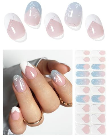 AutyaMee Semi Cured Gel Nail Strips (Blue Meteor), French, 20 Pcs Gel Nail Wraps, Stickers, UV Light Required, Salon Quality, Long Lasting, Valentines Day Gift