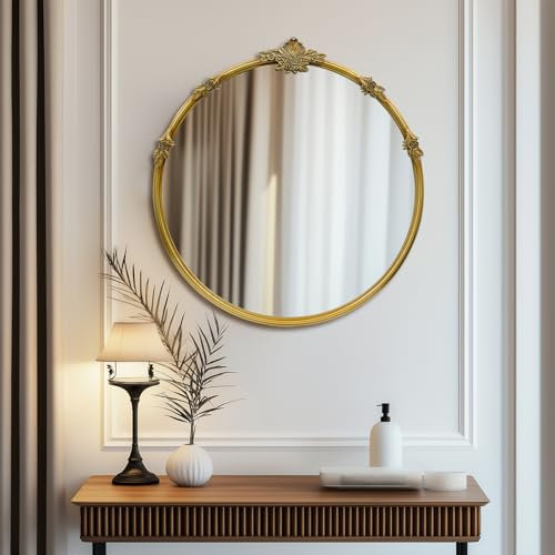 G-LEAF 60X60CM Retro Gold Runder Barock Spiegel, 24 inch Antik HD Runder Wandspiegel mit Metallrahmen für Badezimmer, Waschtisch, Wohnzimmer, Schlafzimmer, Eingang Wanddekoration Heimdekoration