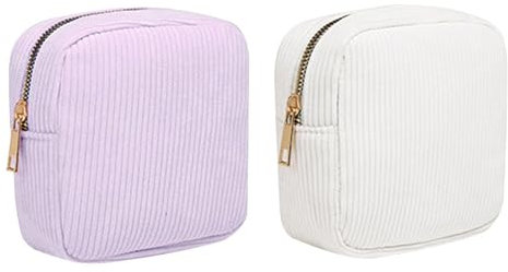 Aufbewahrungstasche für Sanitärtücher, Mini-Kulturbeutel, tragbare Aufbewahrungstasche aus Cord, Violett, Weiß, 2 Stück