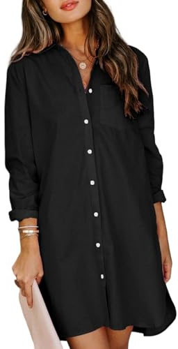 MINTLIMIT Women's Button Down Shirt Dresses Casual Long Sleeve Loose Fit Blouse Shirts with Pockets, Black White Button