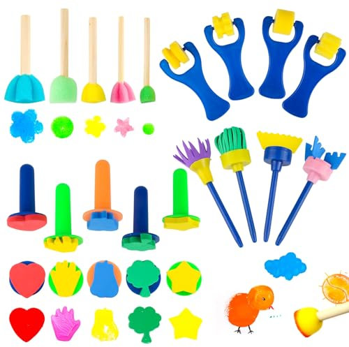 18 Pièces Kit Peinture Enfant, Pinceaux Peinture Enfant de Couleurs, Rouleau, Balai, Tampon en Forme de Coffret Peinture Enfant, Pinceau Mousse, Tampon Peinture Enfant pour Dessin, Artisanat