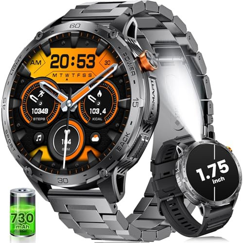 Militaire Montre Connectée Homme avec 1,75'' AMOLED HD Grand Écran/LED Lampe/730mAh Batterie,Smartwatch Homme avec 100+ Modes Sportifs,24/7 Moniteur de Fréquence Cardiaque et Sommeil pour Android iOS