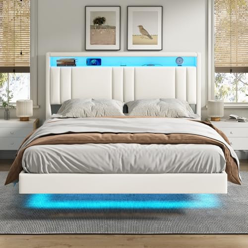 KIMENICH Lit, Effet Flottant, Lits Double avec LED Réglable, Multiprise et Étagère Ouverte, Cadre de Lit avec Sommier à Lattes, Lits Flottant Rembourré (Blanc, 140_x_190_cm)