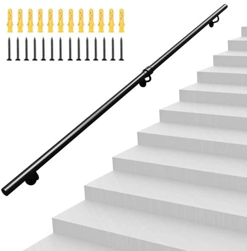 Kit corrimano per ringhiera per scale a parete | Ringhiera a muro in tubo di ferro zincato industriale da 30-600 cm per interni ed esterni | Maniglione di sicurezza per ringhiera per scale nera(200cm)