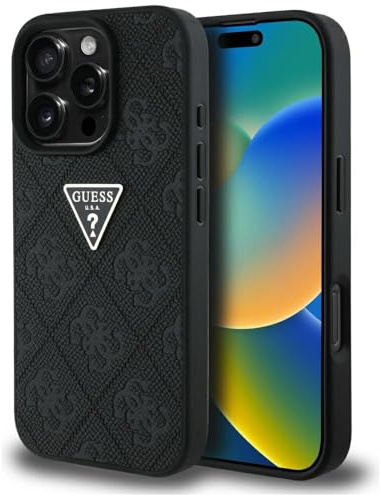CG MOBILE Guess Hot Stamp 4G Pattern Triangle Metal Logo Hülle für iPhone 16 Pro (Schwarz)