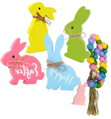 ERINGOGO Holz Ostern Bunny Dekoration Handwerk Ornamente Kaninchen Figuren Perlenkette Für Festgeschenke Und Inneneinrichtung