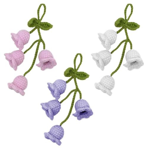 3Pcs Tulip Car Mirror Hanging Ornament, Rear View Mirror Hanging Accessories, Hand Knitted Crochet Cute Little Lily Of The Valley Car Interior Decor Flower Aesthetic Accessories