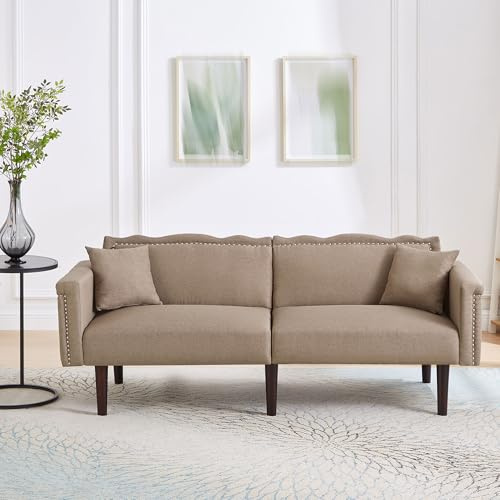 Sofa 2 Sitzer mit Schlaffunktion, Leinensofa Klappsofa mit Verstellbare Rückenlehne, 2 in 1 Bettsofa, Ausziehbar Schlafsofa mit 2 Kissen, Metall Verzierungen, Braun