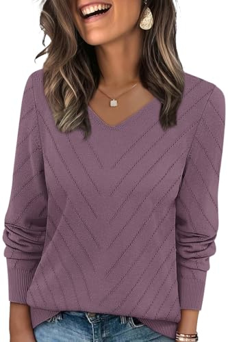 WIHOLL Womens Sweaters Dressy Casual Lightweight Long Sleeve Trendy Fall Tops V Neck Business Casual Outfits Travel Vacation Clothes Soft Cozy Warm Knit Spring Outfits Pullovers Grey Purple M