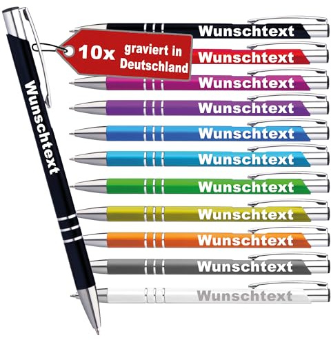LOPREX 10 Stück Kugelschreiber mit Gravur – personalisierte Kugelschreiber aus Metall mit Wunschtext – Geschenk für Firmen, Schulen & Hochzeiten – 10 Farben & 10 Schriftarten – Schwarz