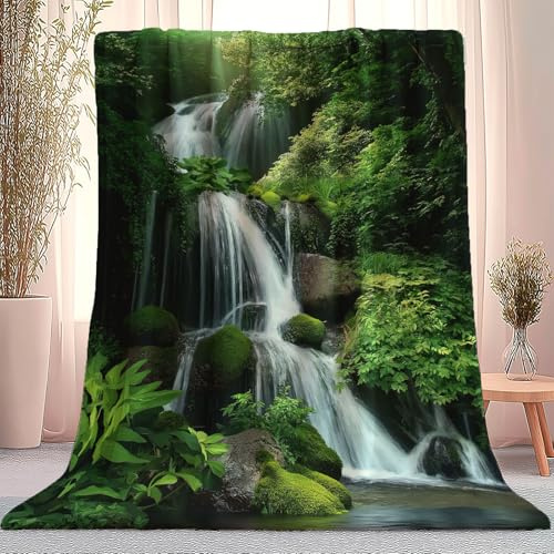 Natur Wald Wasserfall Moos Flanelldeckes, Super Weiche Flauschig Sherpa Decke Tagesdecke Sofadeckes, Farbe Warme Comfort Bedruckte Kuscheldecke für Couch Bett Sofa Deko 150×200 cm